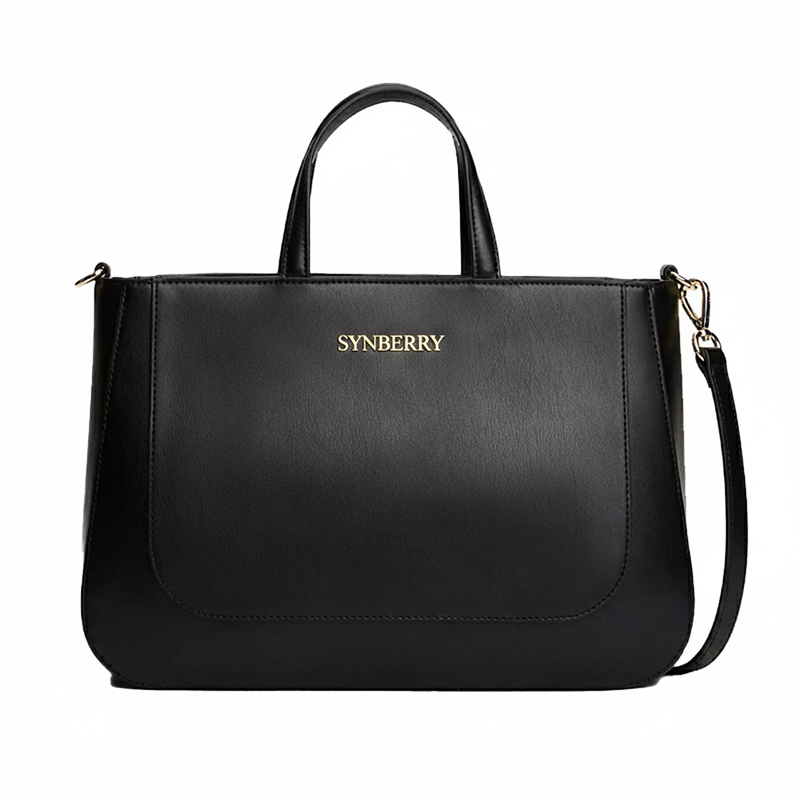 Elegante bolso de mano de piel sintética con silueta curva y depurada.