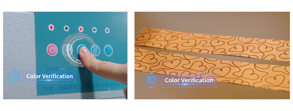 The image shows the use of a professional spectrophotometer to verify the color of different fabric batches.