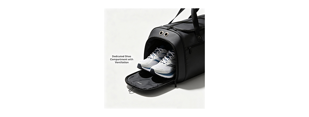Gym duffel bag with dedicated ventilated shoe compartment holding athletic sneakers