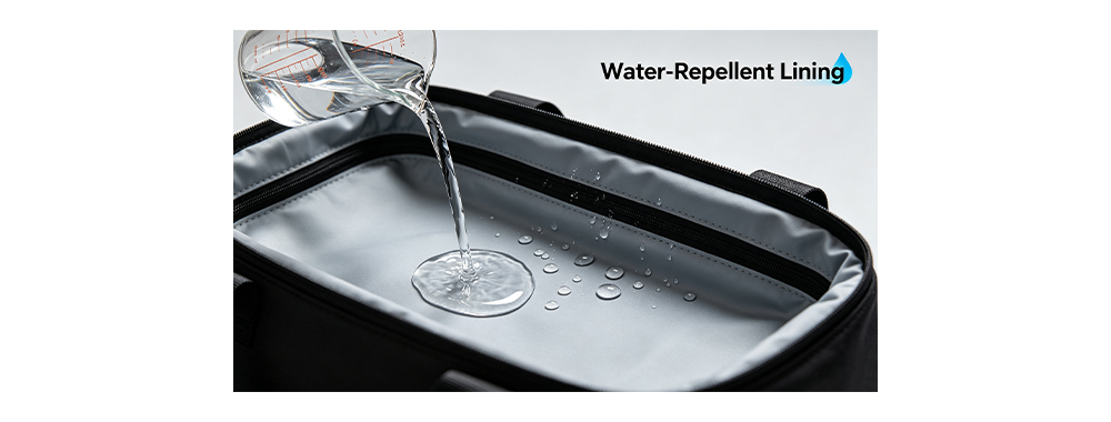 Water repellent TPU lining demonstration, water beading on gym bag interior fabric